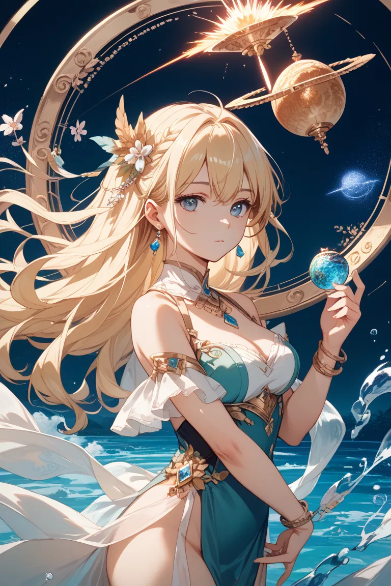 ((highest quality)), ((masterpiece)), ((very detailed)), (very delicate and beautiful),A mysterious figure covered in a transparent cloth,beautiful girl, fine grain,abstract and mysterious girl, long blonde hair, Meteor Shower、Controlling Water、evokes quie...