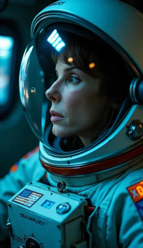 A close-up, half-body shot of a female astronaut inside a spacecraft, wearing a detailed space suit with patches and mission insignia. Her face is visible through a large, reflective helmet, showing a determined yet contemplative expression. The dim interi...