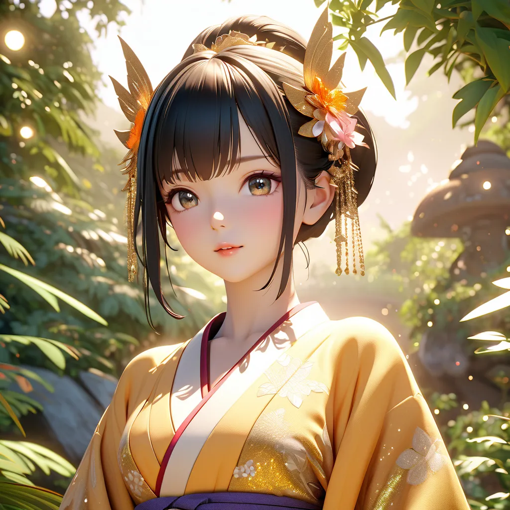 Beautiful girl wearing a kimono over a bikini, gorgeous background, glittering decorations,Bust up, 8k octane,  3d rendering ,  decorative art, Dadaism, glitter effect, 