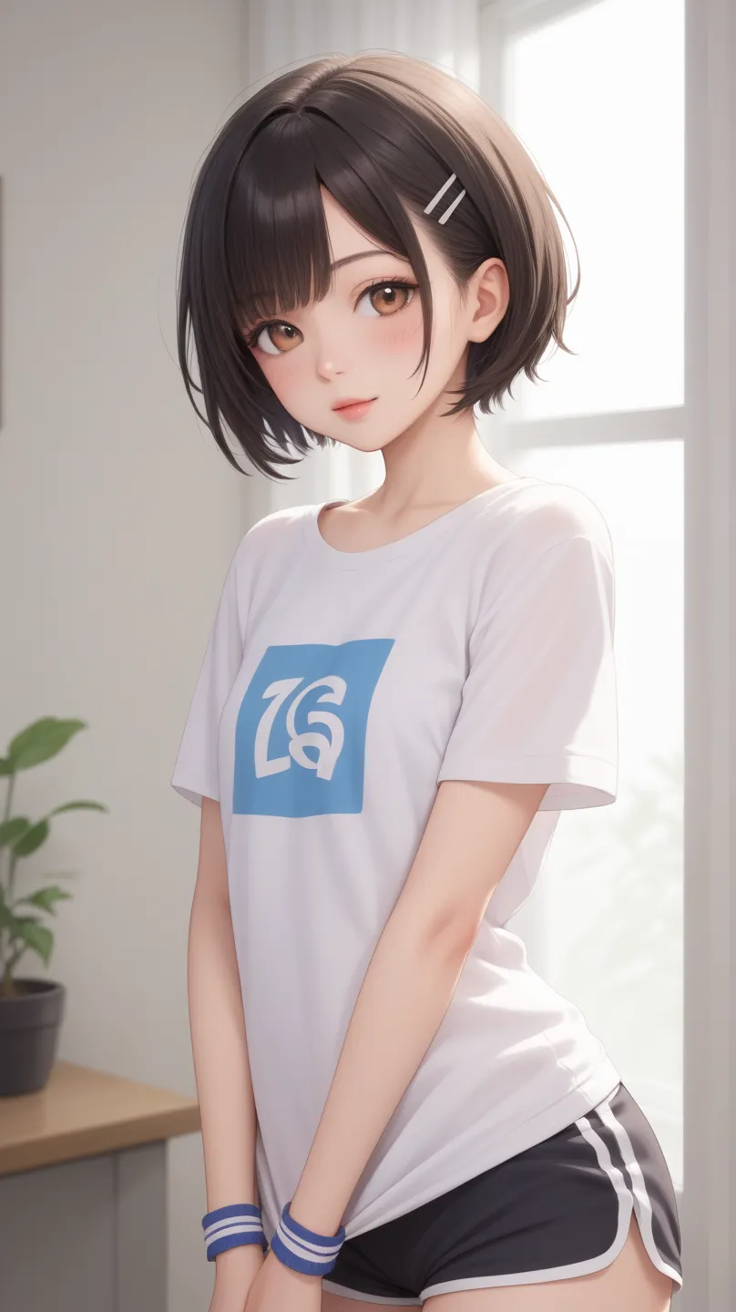 A highly detailed anime-style illustration of a age girl with straight, silky black hair styled in a short bob with soft layers, featuring natural highlights. She has large, expressive dark brown eyes with a slight sparkle, a delicate nose, and soft pink l...