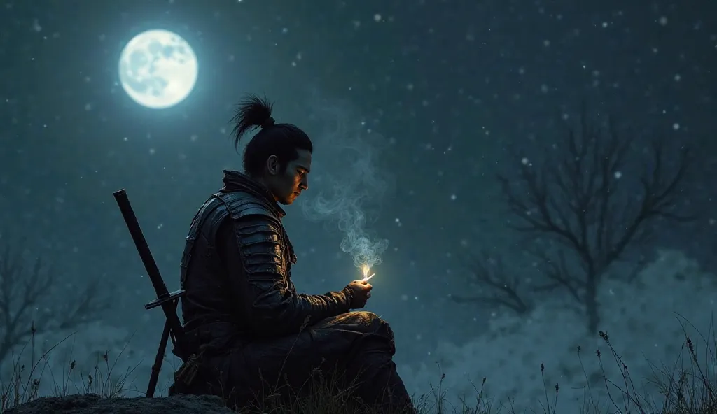 A solitary samurai sitting under the pale light of the moon, holding a burning cigarette as smoke slowly rises in the cold night air. His gaze is melancholy, lost in deep thoughts, reflecting on life and its battles. He wears time-worn armor, with cuts mar...