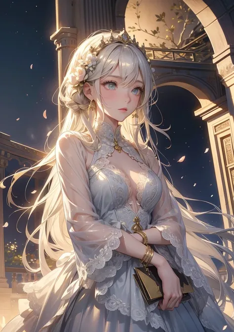 highest quality。detailed description。man and woman trying to kiss on the balcony of an old castle before dawn full of flowers。man with long silver hair and green eyes with short blond hair、Golden-eyed woman with long silver hair、((One adult man and one adu...