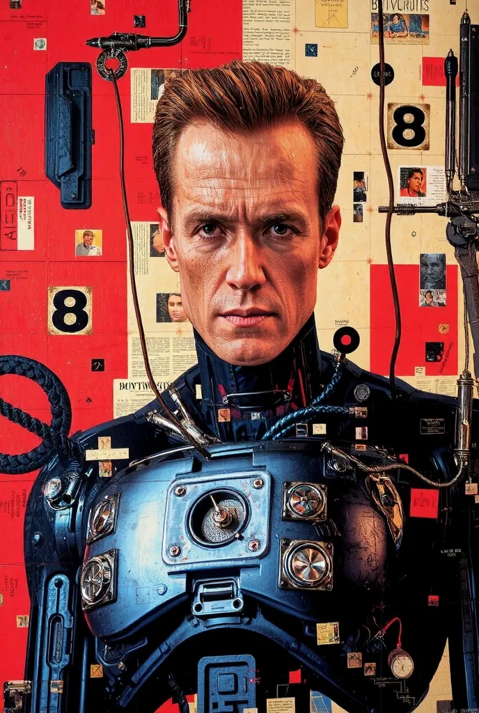 high quality,  8K Ultra HD, A reinterpreted scene from the movie “Terminator 2" in the style of Robert Rauschenberg. The composition is a combined canvas, combining painting and sculptural elements. Arnold Schwarzenegger's image of the T-800 Terminator tak...