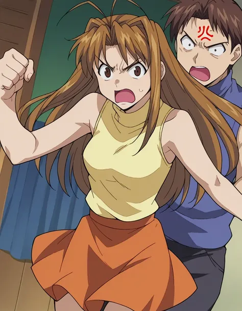 score_9, score_8_up, score_7_up, source_anime,
narunarusegawa, naru narusegawa, long hair, brown hair, antenna hair, brown eyes, angry, anger vein, shouting open mouth,
skirt, sleeveless, miniskirt, turtleneck, sleeveless turtleneck,
indoors,
looking at vi...