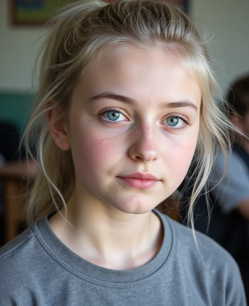 (closeup-body:0.5), sixteen-year-old girl, (sitting:0.5), From Ireland, (chubby:0.68), (sky blue eyes),  messy , (white gray hair), ponytail, candid pose, Head tilt downwards. Very cute little stub nose that points strongly upwards,  pale white skin , (rea...