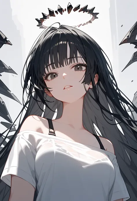  score_9,  score_8_ up,  score_7_ up,  1 girl,      black hair,  big bangs ,  long hair, Broken Holy Ring,    dark eyes,    small mole under left eye, Alternative clothes   ,  white shirt,    bra strap、color shirt  ,    Wings of Energy ,  video viewers, fr...