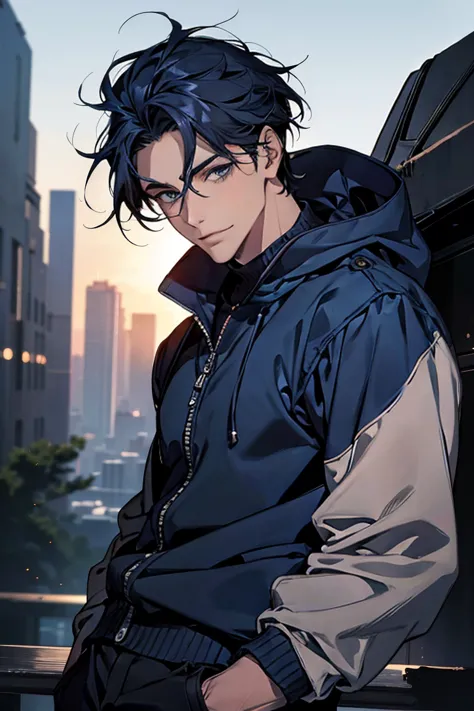 (Best picture quality, High res, Very high res), abstract, masculine, dark blue hair, 33 years old, dark blue eyes, jacket, sweater, cargo pants, dark blue gaze, calm, quiet, gentle smile, observatory, with wolf, dawn