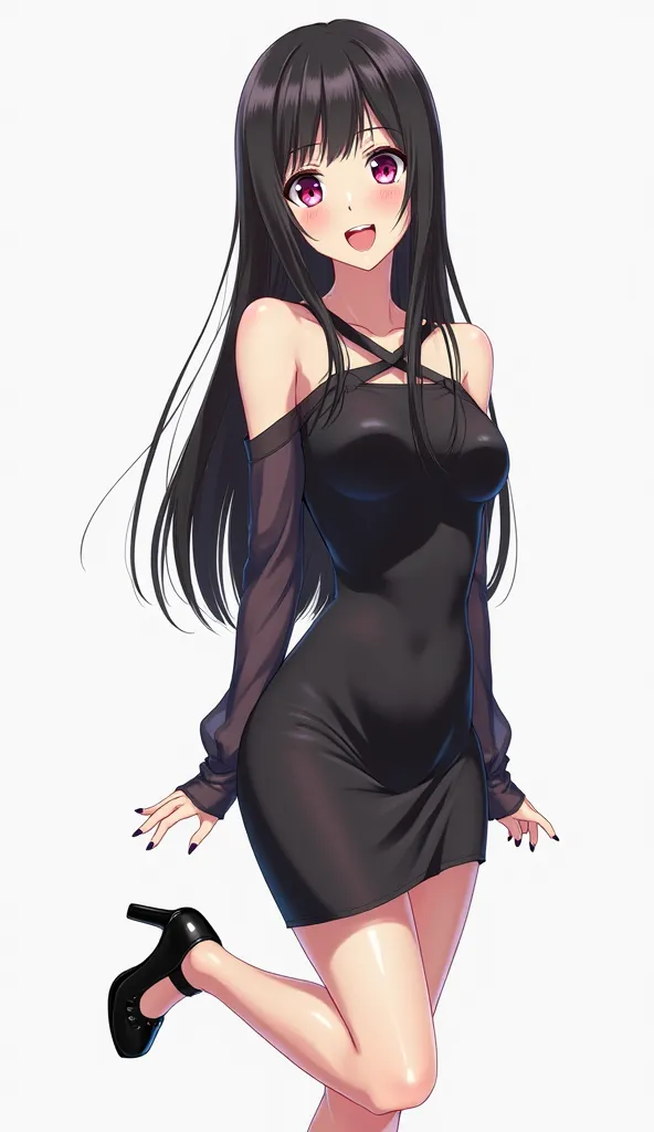 Japanese anime age woman with long straight black hair and intense magenta eyes and wears a tight black dress with a design of straps and slits on the shoulders, accompanied by long, loose sleeves made of semi-transparent fabric.Complement her look with bl...