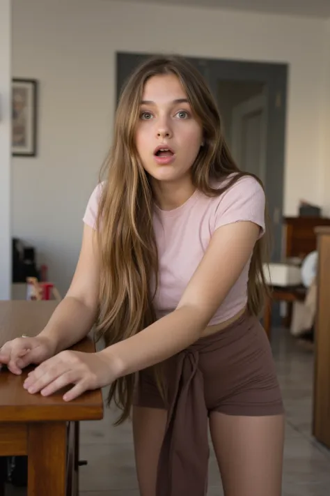  light brown long hair,  young girl ,  18 years, German,  cute crop top, high waisted panties,  ,  frightened, surprised, High angle view,  looks at the viewer , in the modern German living room,  cute face, 4K, Leans on the desk, sweet ass.