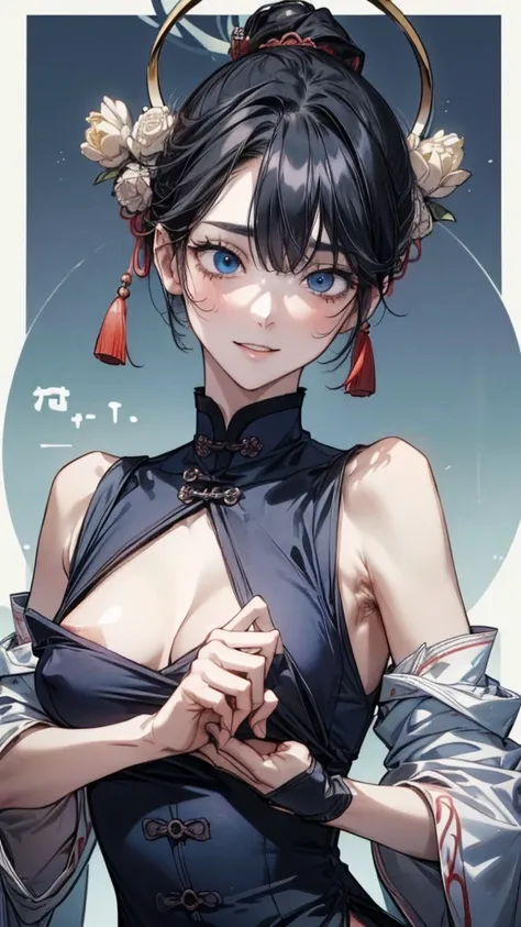 High Resolution、high detail、 obscene、transformation、(((perfect anatomy、anatomically correct、extremely detailed skin of covered pubic hair)))、、 just one woman、 Original photo,  mature woman、(black short hair、 short hair)、(sling、 blue eyes)、(very big breasts...