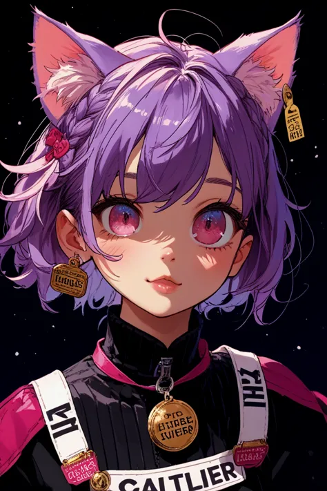  purple haired girl，blue and pink eyes， with cat ears。