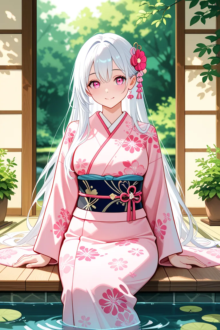 Woman with white hair, pink eyes, long hair, big breast