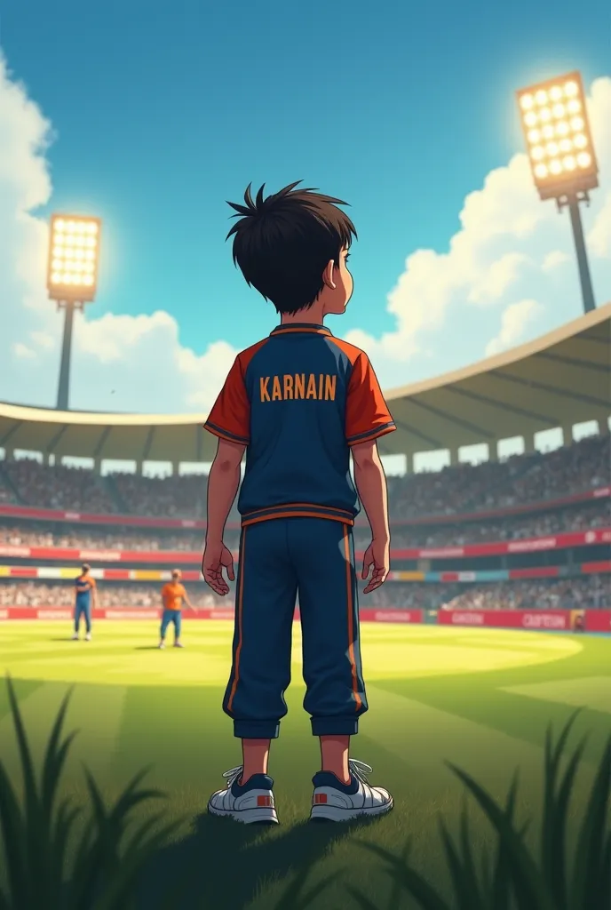 a boy is seeing cricket match "Karnain" is written in hos jersey