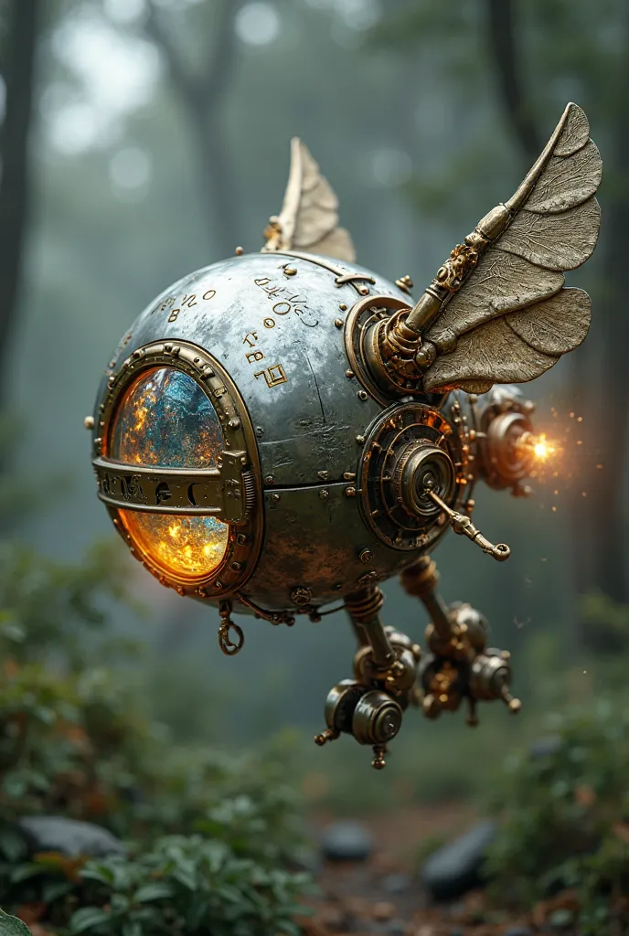 A highly detailed steampunk flying automaton, inspired by gnome technology and ancient arcane craftsmanship. The automaton is a polished metallic silver orb with intricate clockwork gears, mechanical cogs, and glowing arcane runes engraved across its surfa...