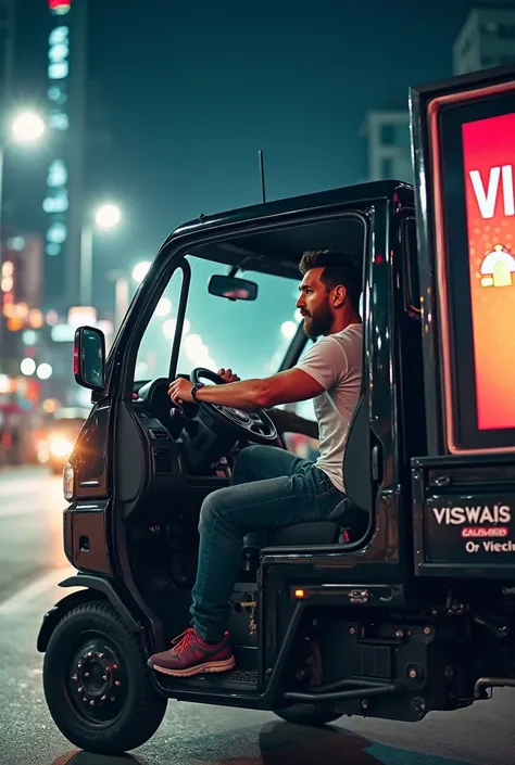 Football legend Lionel Messi, wearing a stylish casual outfit, is confidently driving a black Maruti Super Carry vehicle customized with a large LED display screen. The LED screen is brightly lit, showcasing colorful advertisements for Viswas Media. The Vi...