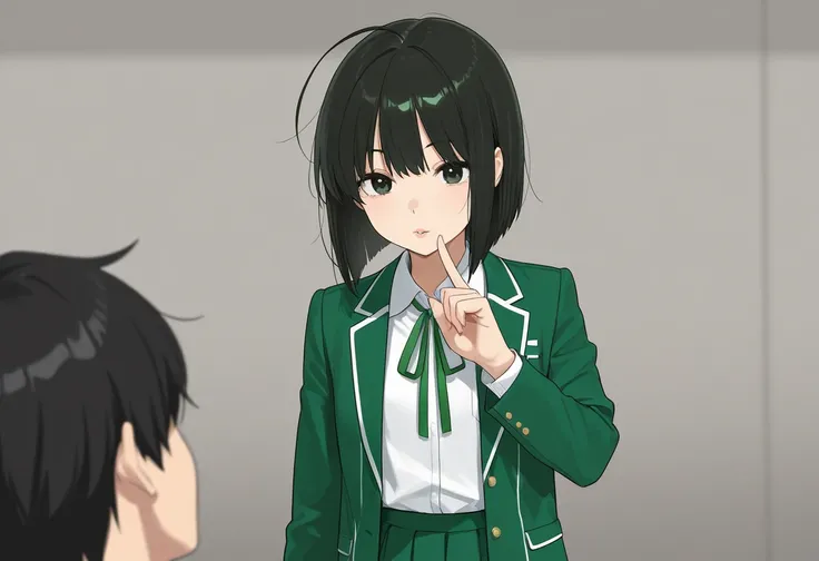 Put up your finger　She is trying to say something　Pursing his lips　 Messy Medium Bob　High School Girls　cute　Japanese　fine　stupid hair　 black hair　
checked green skirt 　Green blazer　 Messy Medium Bob　high school girl　cute　 fine 　Ahoge　Black Hair 1girl Green...