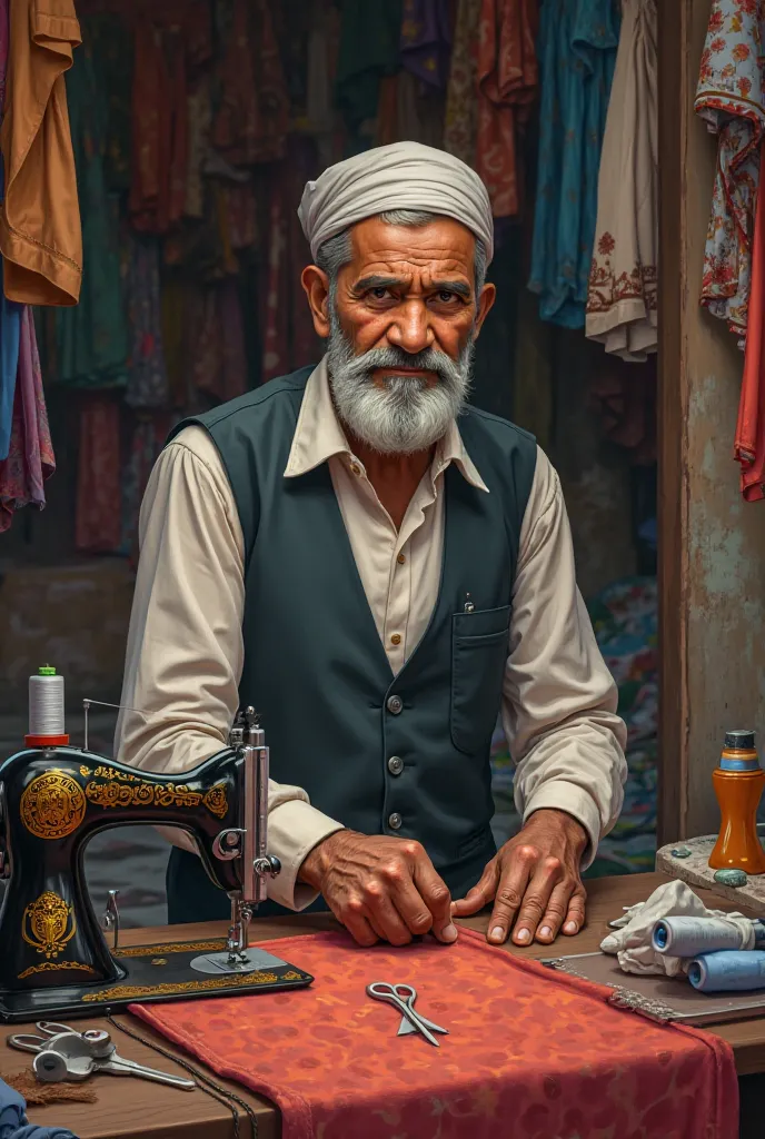 **Yusuf working as a tailor**:  
   A small shop where Yusuf is sewing, with fabrics, threads, and sewing tools around him. His face shows hard work and honesty Pakistan Lahore 