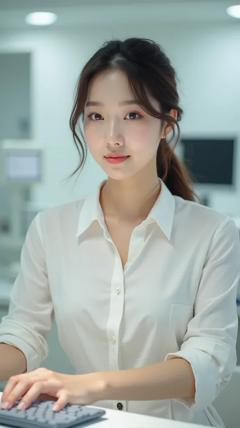 korean brunette, Puffy cheeks, white skin, brown fine eyes, nose, And lips , Wearing white work clothes,  sitting in her office, Using her computer , HP computer looking at the audience. Visual image. The background is a white dental room.(Face Paint,4K,8k...