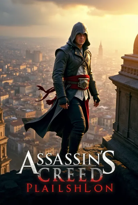 Create a high-octane and visually stunning poster featuring Tom Cruise as Callum Lynch, standing on the edge of a towering ancient structure, his hooded Assassin robes billowing in the wind. Behind him, a sprawling historical cityscape is visible, with fai...