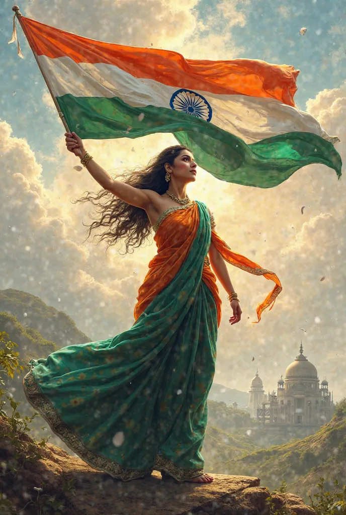 Mother india in tricolour saaree and indian flag in her hand