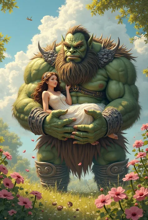 I want to generate an image of a 2-meter ogre sitting in a field of flowers holding in his arms a princess of just 1,5 meters and with it but chestnuts and pink tufts I tried two 