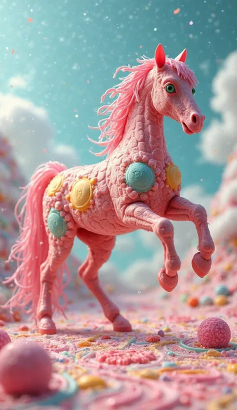 *"A hyper-realistic 8K image of a horse made entirely out of candy, with licorice as the mane, gummy bears as eyes, and a body made of colorful candy bars, set in a candyland-themed environment."*