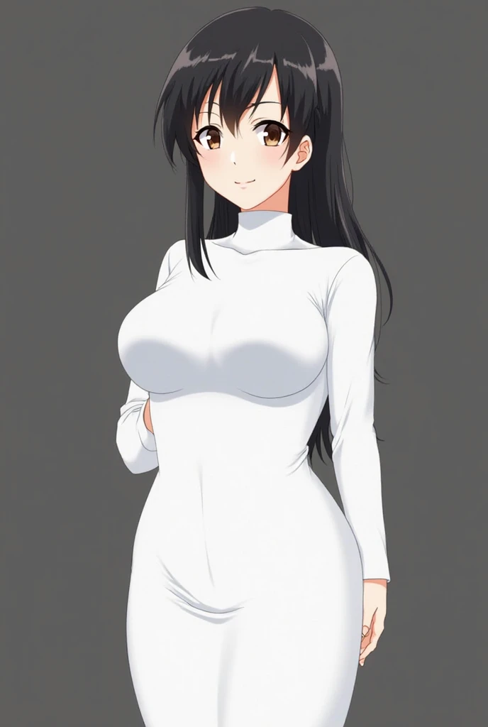 check_9, check_8_ upwards, check_7_ upwards, check_6_ upwards,  eastnik_anime, sfw, mature woman, black hair, 1girl, Kujo Fumiko , looks at the viewer,  brown eyes,  massive breasts ,  dark grey background , simple background, Plump lips, closed mouth, cut...