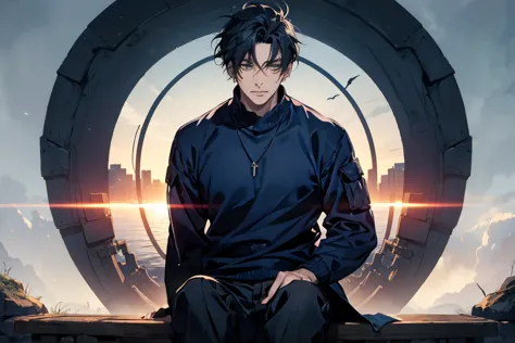 (Best picture quality, High res, Very high res), abstract, masculine, dark blue hair, 33 years old, dark blue eyes, jacket, sweater, cargo pants, dark blue gaze, calm, quiet, gentle smile, observatory, with wolf, dawn