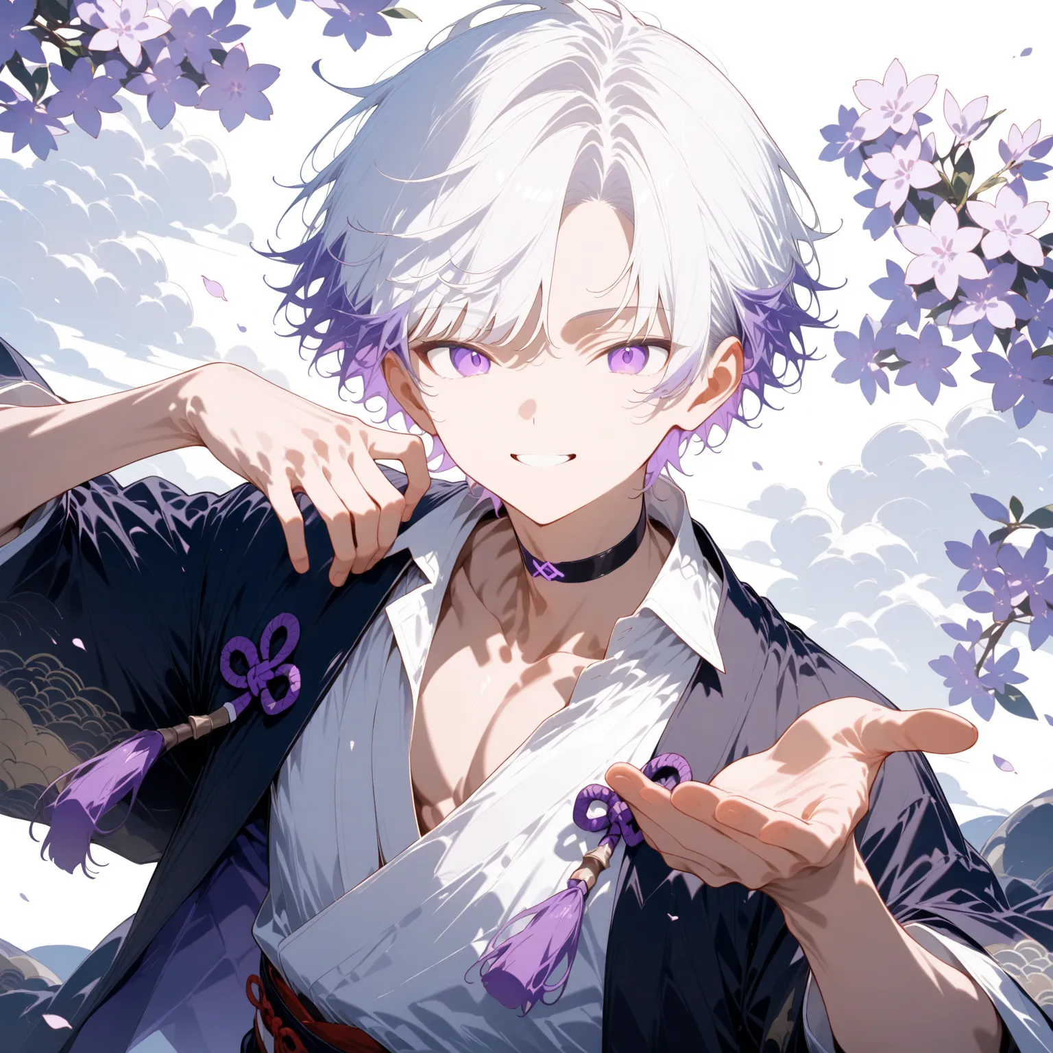 masterpiece, high score, great score, absurdres,
1boy,open palm,male focus,upper body,20-yo, クモイエイテル, toned,twink,white hair, side-parted, lilac highlights,purple eyes ,black haori,white kimono,cloud pattern,black choker,open collar shirt,purple knot,black...