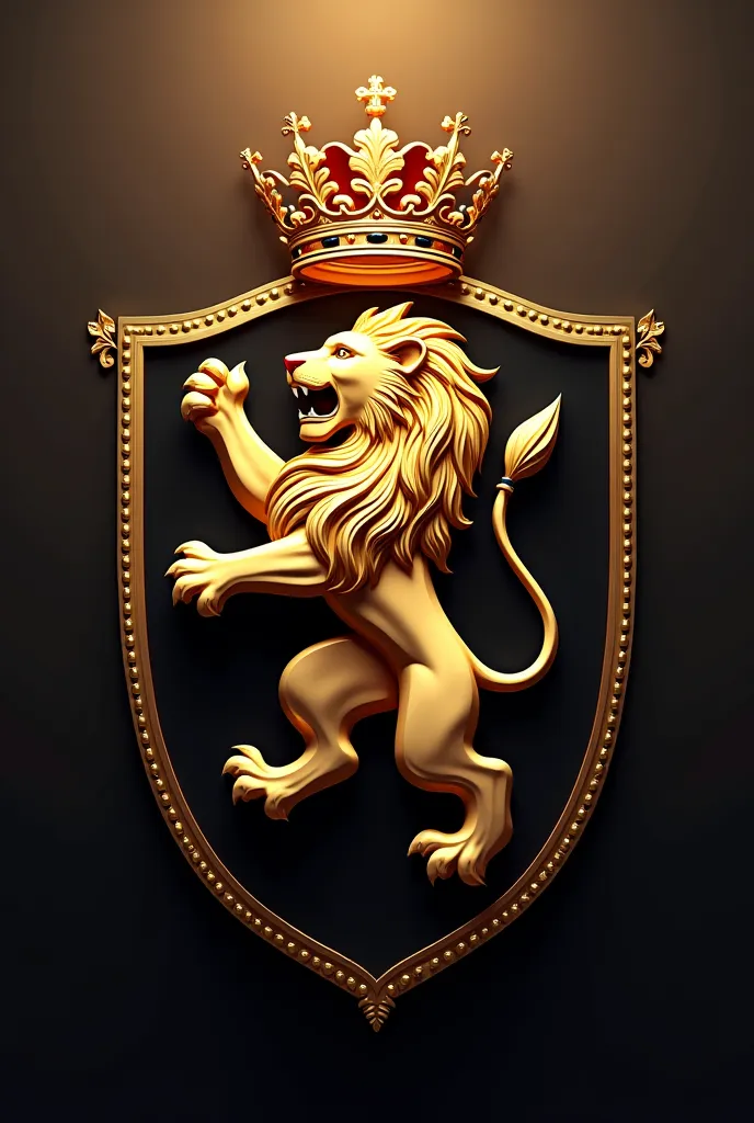 Create me a soccer shield with the colors black and gold, and has a lion in the center roaring and with a crown on top, And that the image is 8k