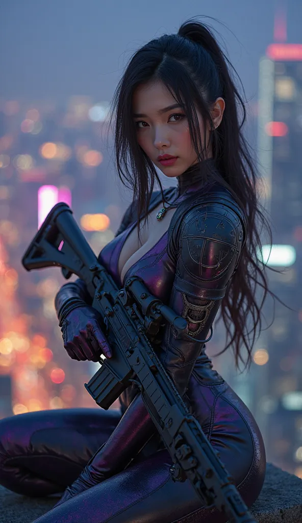 a beautiful Korean woman dressed as Widowmaker from Overwatch in a realistic photography style, lounging on a high rooftop at night. Her sniper rifle rests against her chest as she meets the viewer's gaze. City lights shimmer below, contrasting with her sl...