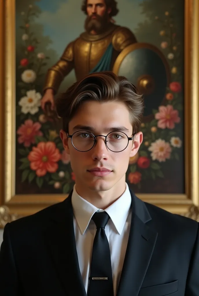 A picture showing a young man with elegant features, wearing a formal suit with a shirt and tie, in addition to round glasses. It has an elegant appearance and well-coordinated hair..

behind him is an ornate painting showing a historical or fictional char...