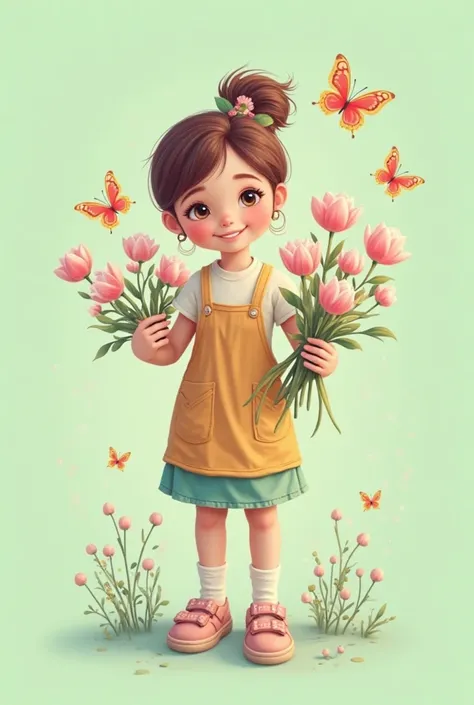 create an aesthetically , unique and very catchy logo about a florist that has my name love, jorelyn on it make sure the background color is pastel green and there should be a small girl who impersonate as a florist and make sure that theres a cute butterf...