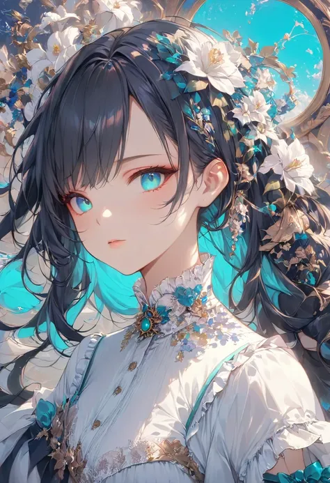 1girl, black hair, turquoise eyes, white shirts, white iliy, long hair, asymmetrical bangs, rococo style, chromatic aberration, masterpiece