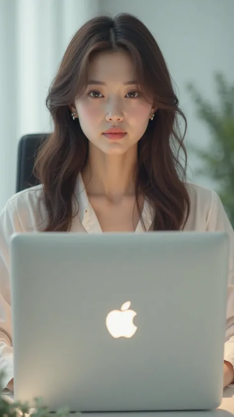 korean brunette, Puffy cheeks, white skin, brown fine eyes, nose, And lips , Wearing white work clothes,  sitting in her office, Using her computer , HP computer looking at the viewer, visual level image. Background is white dental room(Face Paint,4K,8k,hi...