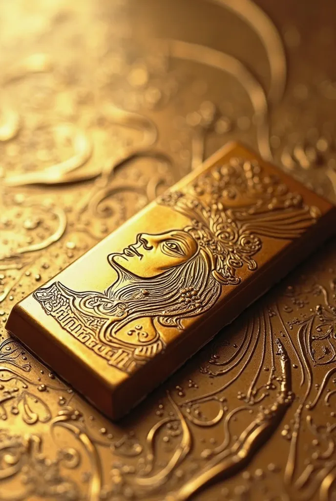 Chocolate with Carthage drawings on top of it and has a golden color 