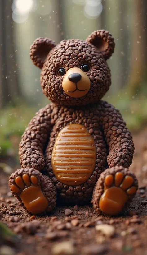 *"An ultra-detailed 8K image of a bear made entirely out of chocolate, with chocolate chips as fur, caramel as eyes, and a body made of layered chocolate bars, set in a cozy forest with a dessert-themed twist."*
