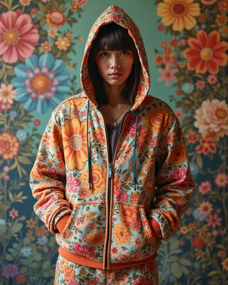 "A stylish hoodie and jacket set with a vibrant floral pattern, perfectly matching the artistic background. The subject is facing forward, maintaining direct eye contact for an engaging and confident look. The design is rich in warm and cool tones, with in...