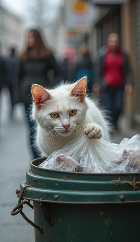 A thin, pure white mother cat with slightly messy fur is near an overflowing garbage bin on a busy urban street. The cat is desperately clawing at a tightly tied plastic bag inside the bin. Faint movements from a small, pure white newborn kitten can be see...