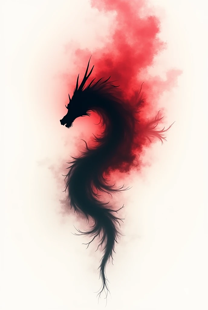 Get a tattoo sketch in red and black in minimalism with a dragon around Which there are many smoke lines 