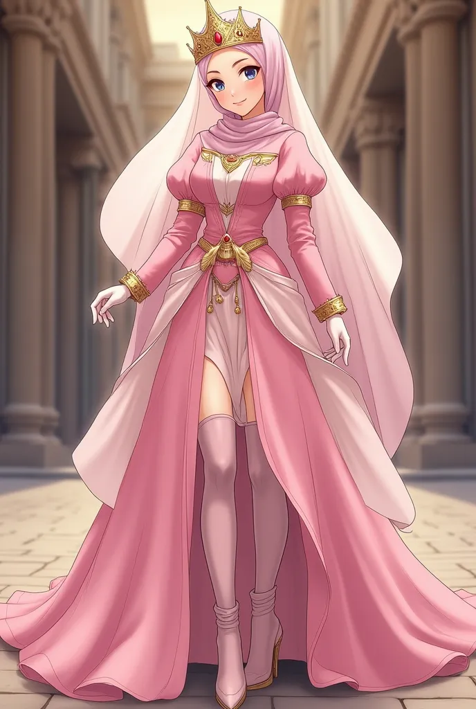 A breathtaking mature anime princess with a flawless figure is dressed in a Princess Cinderella-inspired pink gown. She wears a sleek Arabic-style hijab, elegantly adorned with a princess crown and a golden necklace. To complete her regal look, she pairs t...