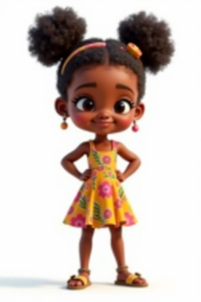 A 3D cartoon character of an African girl about , standing in a T-pose facing the camera. She has short, curly hair styled with cute puffs. Her skin is a medium, soft tone. She’s dressed in a playful, colorful dress, paired with cute sandals, and accessori...