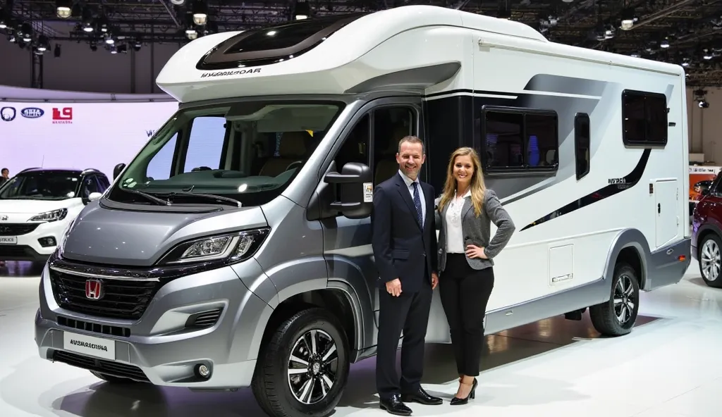 A modern, luxurious motorhome branded with the Honda logo, parked inside a well-lit showroom. The vehicle has a sleek, gray and white design with black accents, large windows, and an extended roof for extra space. Two professionally dressed individuals, a ...