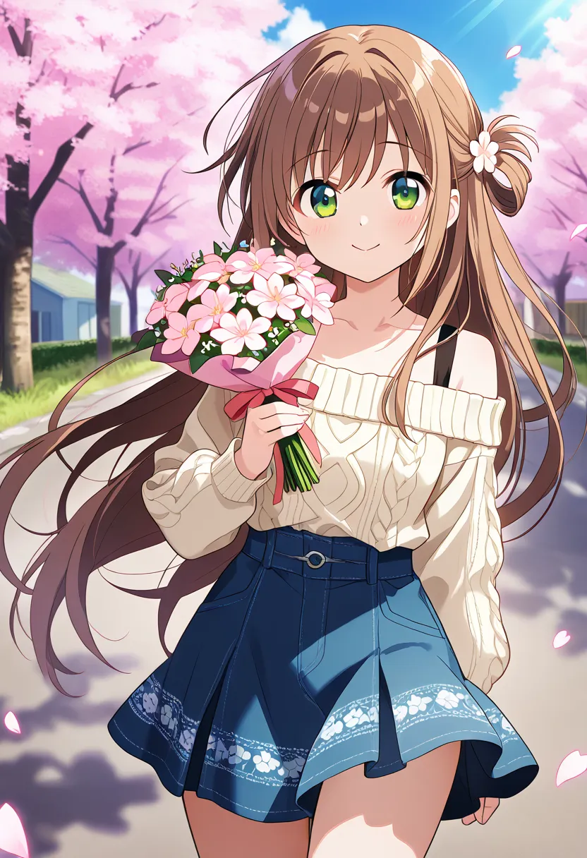 "A cheerful and charming 20-year-old anime girl with long, flowing chestnut-brown hair tied in a loose half-up hairstyle, wearing a cute and feminine outfit—a light beige, off-shoulder knitted sweater tucked into a flared floral-patterned mini skirt. Her p...