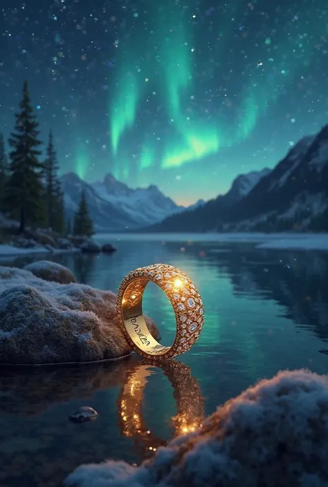 A golden and diamond ring and Yukti name written on that ring on a side of beautiful lake with Celestia name reflected on that lakke under a beautiful starry night with northern lights 