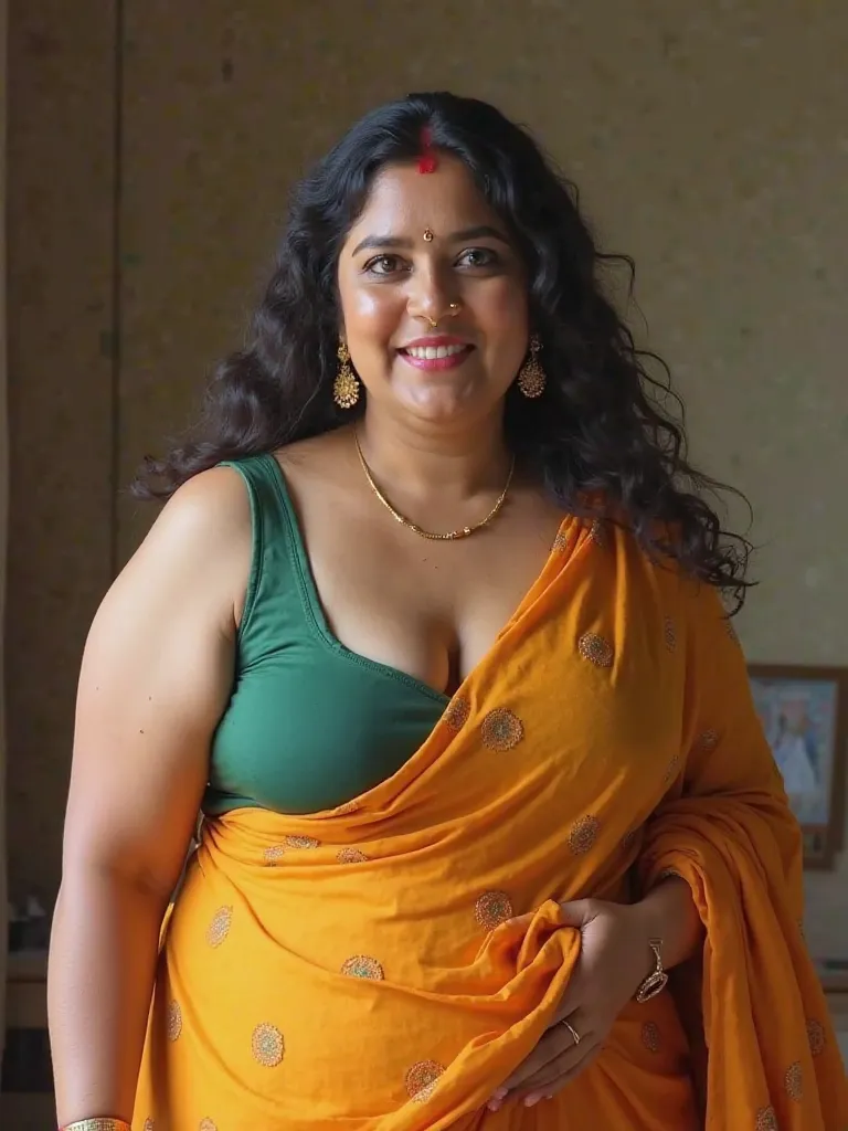 A 45 year old indian woman. She is indian. She is voluptous woman.. Thick structure. A bit chubby. Big boobs, meaty ass. She is married. She has bindi and sindoor on forehead. She is turmeric colour lehanga.  Huge cleavage.she is wearing a green colour spo...