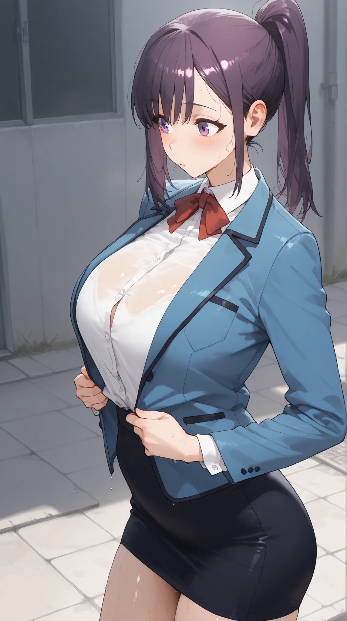  ultraST, SungJinahSL, purple hair, purple eyes, high ponytail, JinahSchool, blazer, blue jacket, buttons, red bowtie, collared shirt, white shirt, pencil skirt, black skirt,shiny skin, sweaty, blush, (sensual pose), School yard, looking side, glim of moon...