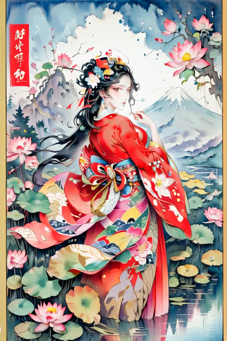  ukiyo-e, Elegant mountain background、 Mount Fuji、goddess、Lotus flower、I hide my mouth with my hand 、Queen of Japan  、  Geometric Model 、heaven、 Japanese tattoo 、 beauty、 long hair,  beauty、High Resolution, highest quality, Details, high image quality mode...