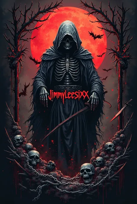 Imagine, logo with themes of a horror circus, The Grim Reaper or the Grim Reaper, thorns, daggers, sabers , blood, clowns, chains, swords, skulls and fire and also contains the word “JimmyLeesixx”