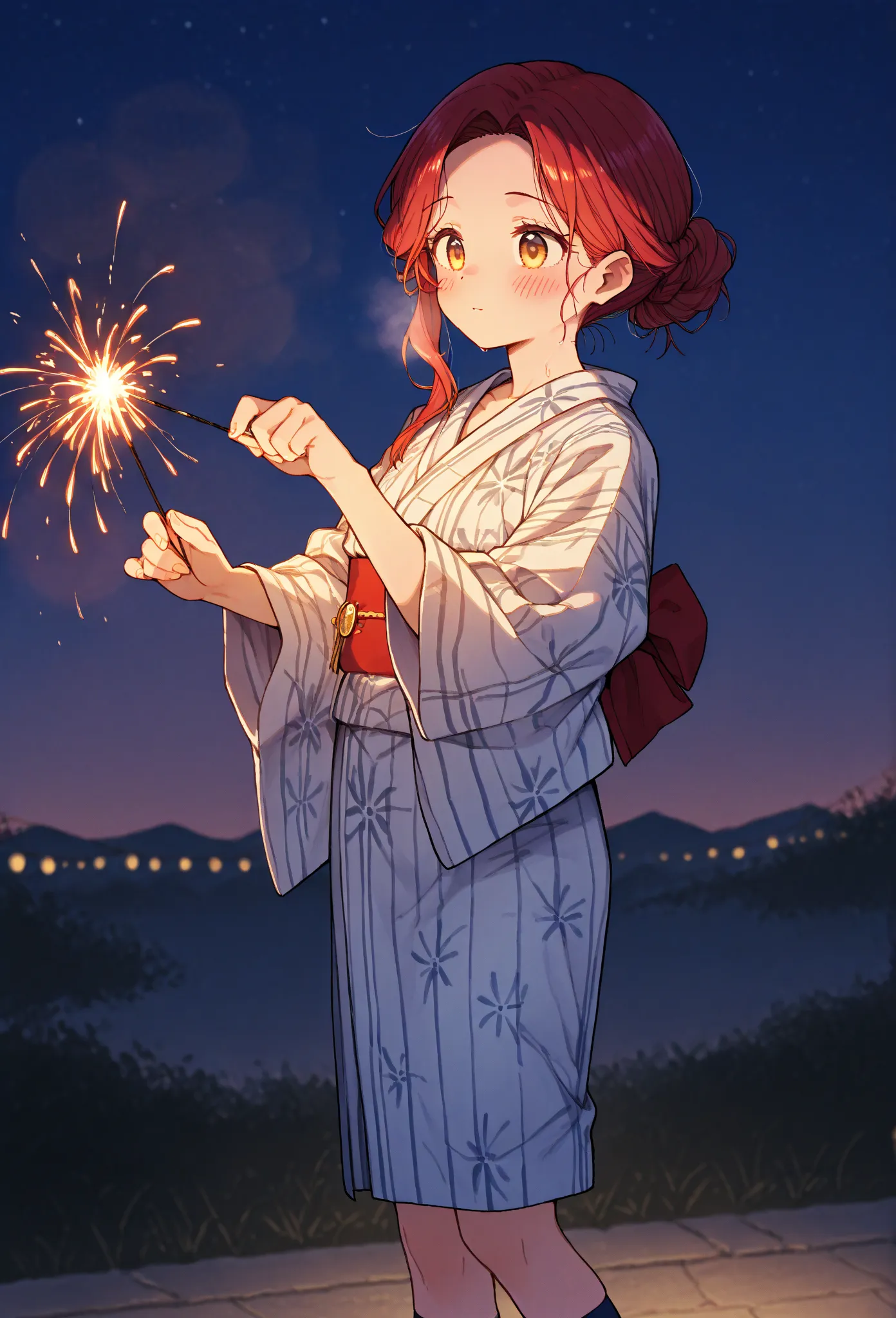     young  , Nape,yukata,Stole, socks,fair,Holding,   Fireworks ,date